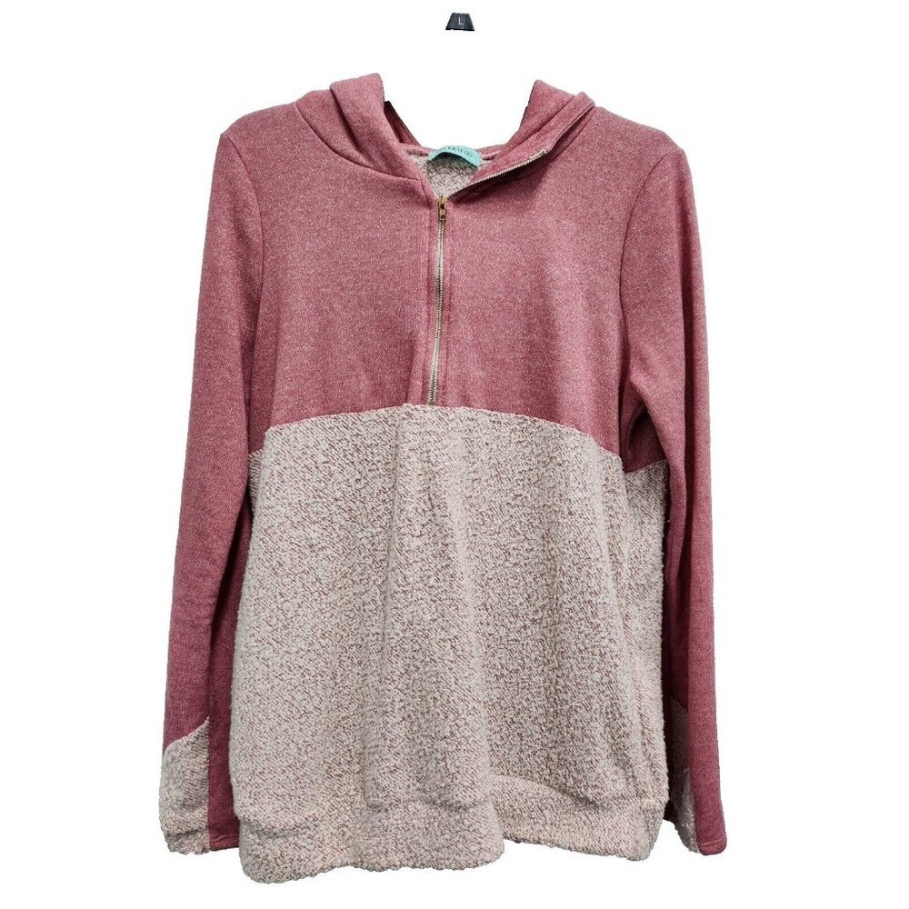 P.S.Kate Womens Hoodie Sweatshirt Large Pink White Sherpa Contrast Quarter Zip